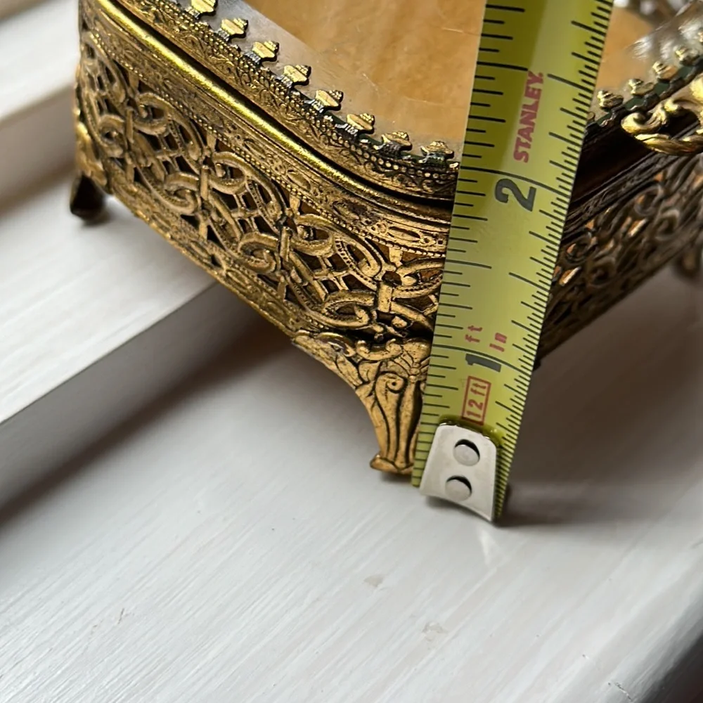 Hollywood Regency Jewelry Box Filigree Gold Tone 3x2 in Vintage